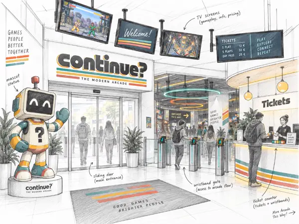 Small sketch of an arcade entrance with a mascot statue, glass doors, and a ticket counter.