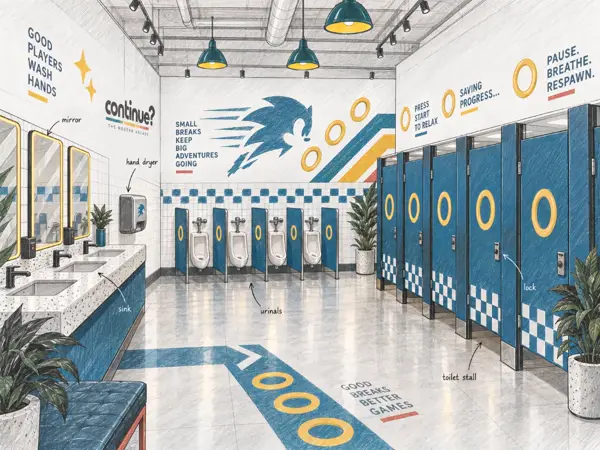 Small sketch of a restroom with sinks, urinals, and a large character mural.