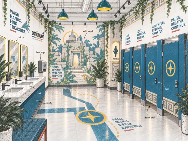 Small sketch of a restroom with a temple mural, sinks, and a row of stalls.
