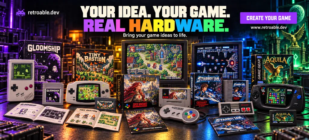 Banner: Gloomship on Game Boy, Tiny Bastion on Game Boy Advance, Tales of Ruby on SNES, Starboy Ian on NES, and Aquila on Game Gear, each with its box, cartridge, and manual