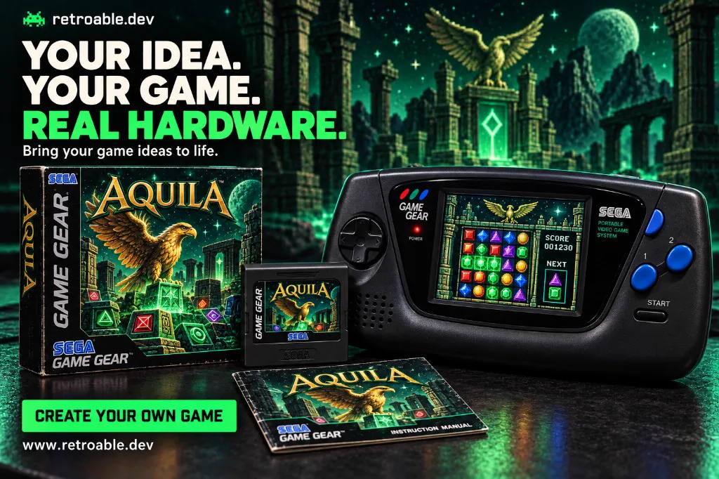 Poster: a Game Gear running Aquila, a gem puzzle game in ancient ruins, with its box, cartridge, and manual