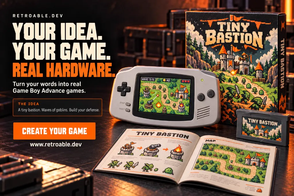 Poster: a Game Boy Advance running Tiny Bastion, a castle defending against waves of goblins, with its box, cartridge, and manual