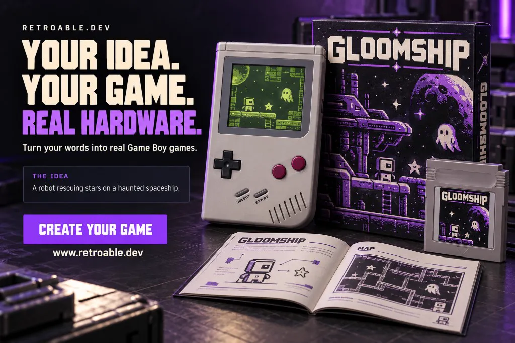 Poster: a Game Boy running Gloomship, a robot rescuing stars on a haunted spaceship, with its box, cartridge, and manual
