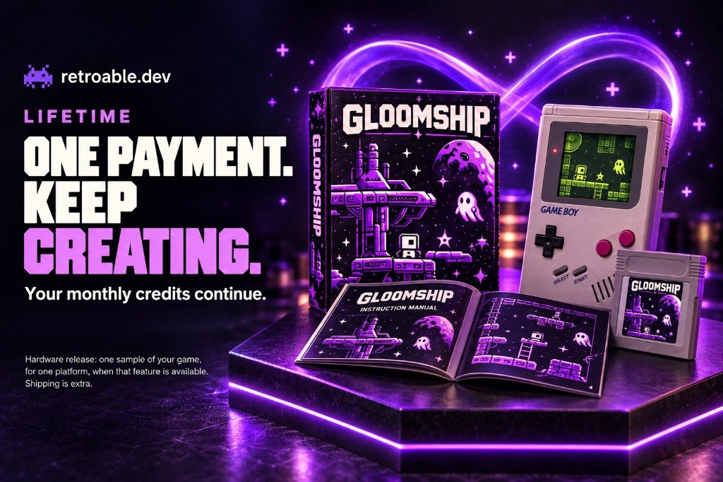 Gloomship on a Game Boy, with its box, cartridge, and manual. One payment, and the monthly Retro AI credits continue.