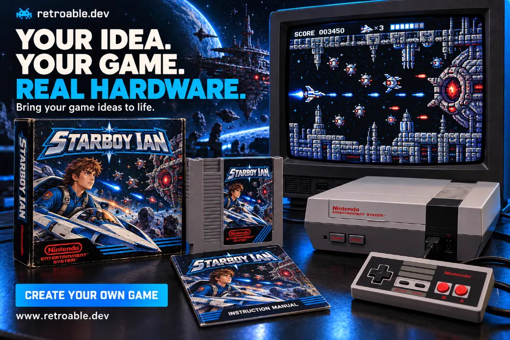 Poster: an NES and controller with Starboy Ian, a space shooter, on a CRT, with its box, cartridge, and manual