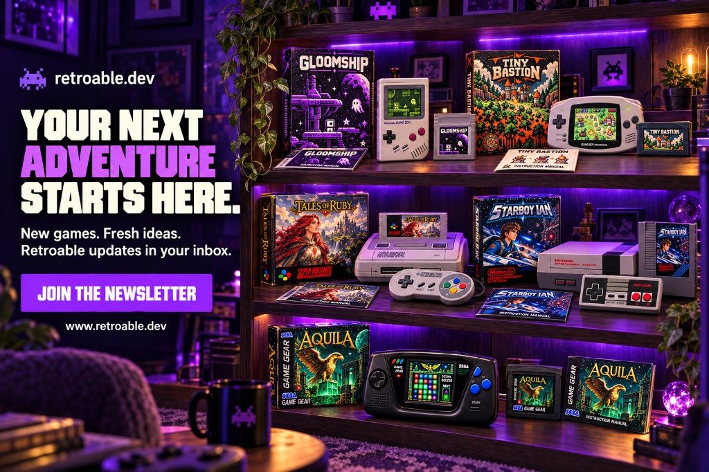 Shelves of Retroable games: Gloomship, Tiny Bastion, Tales of Ruby, Starboy Ian, and Aquila, each with its box, cartridge, and manual