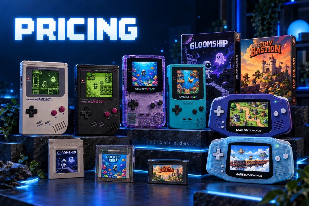 Pricing: Game Boy, Game Boy Color, and Game Boy Advance handhelds showing Gloomship, Pocket Reef, and Tiny Bastion, with their cartridges and boxes.