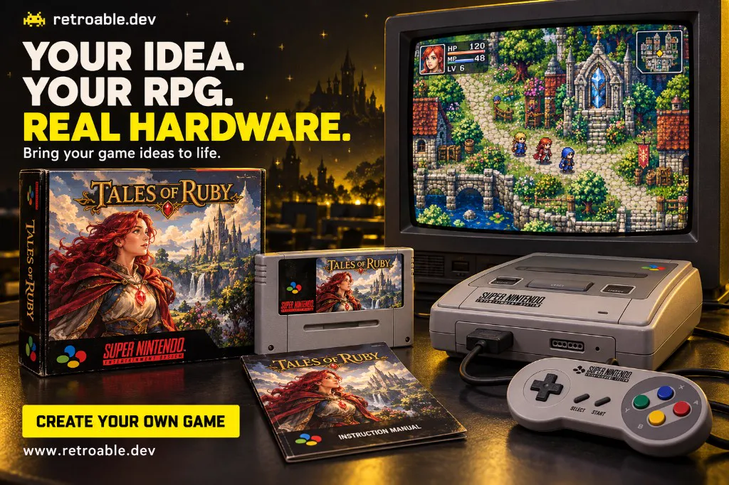 Poster: a Super Nintendo with Tales of Ruby, a fantasy RPG, on a CRT, with its box, cartridge, and manual